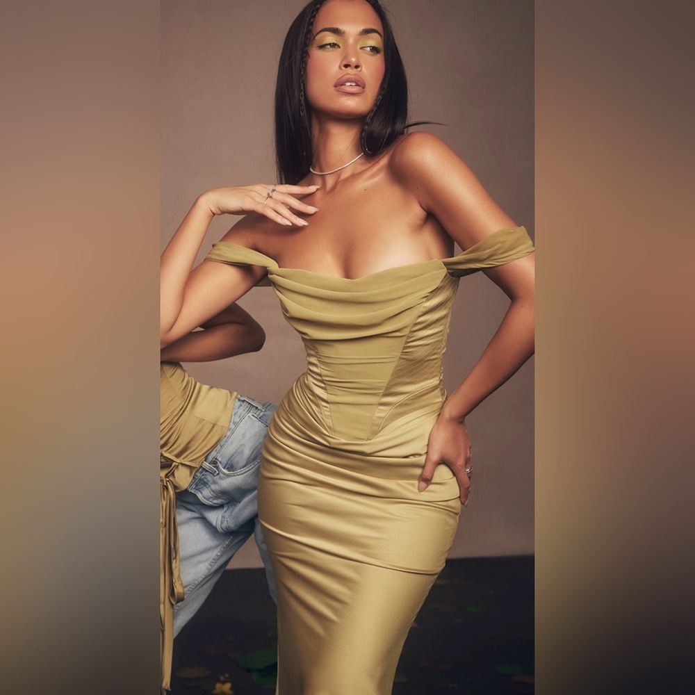 HOUSE OF CB Natalya Satin Corset Midi Dress in Olive
